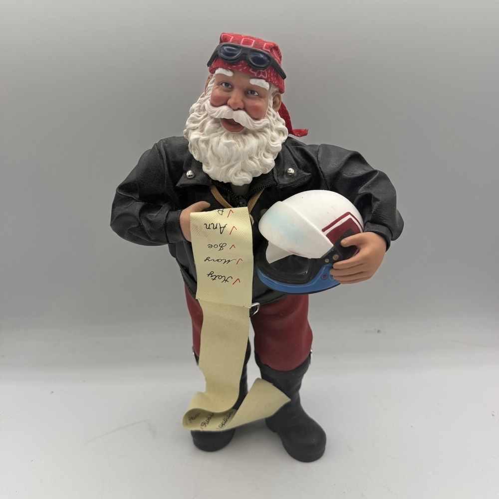 Vintage Biker‎ Santa w/ Nice List & Motorcycle Hemlet Figurine Christmas 2006